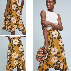 Anthropologie Yellow Floral Midi Skirt